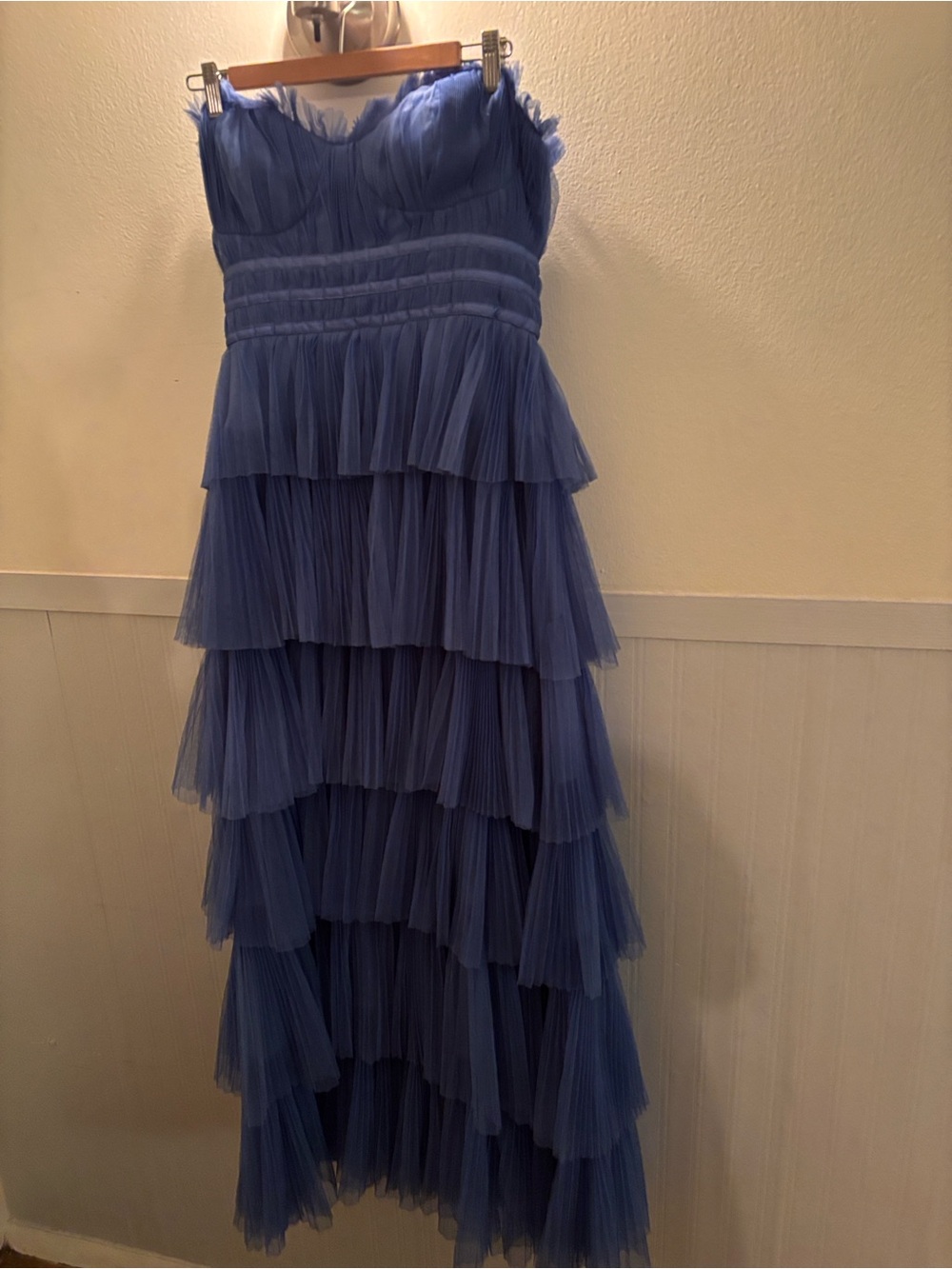 Hutch Strapless Tiered Tulle Dress in Dusty Blue